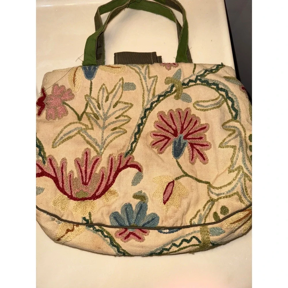 Vintage Floral Tapestry Accordion Purse Handbag, Green Cloth Handles